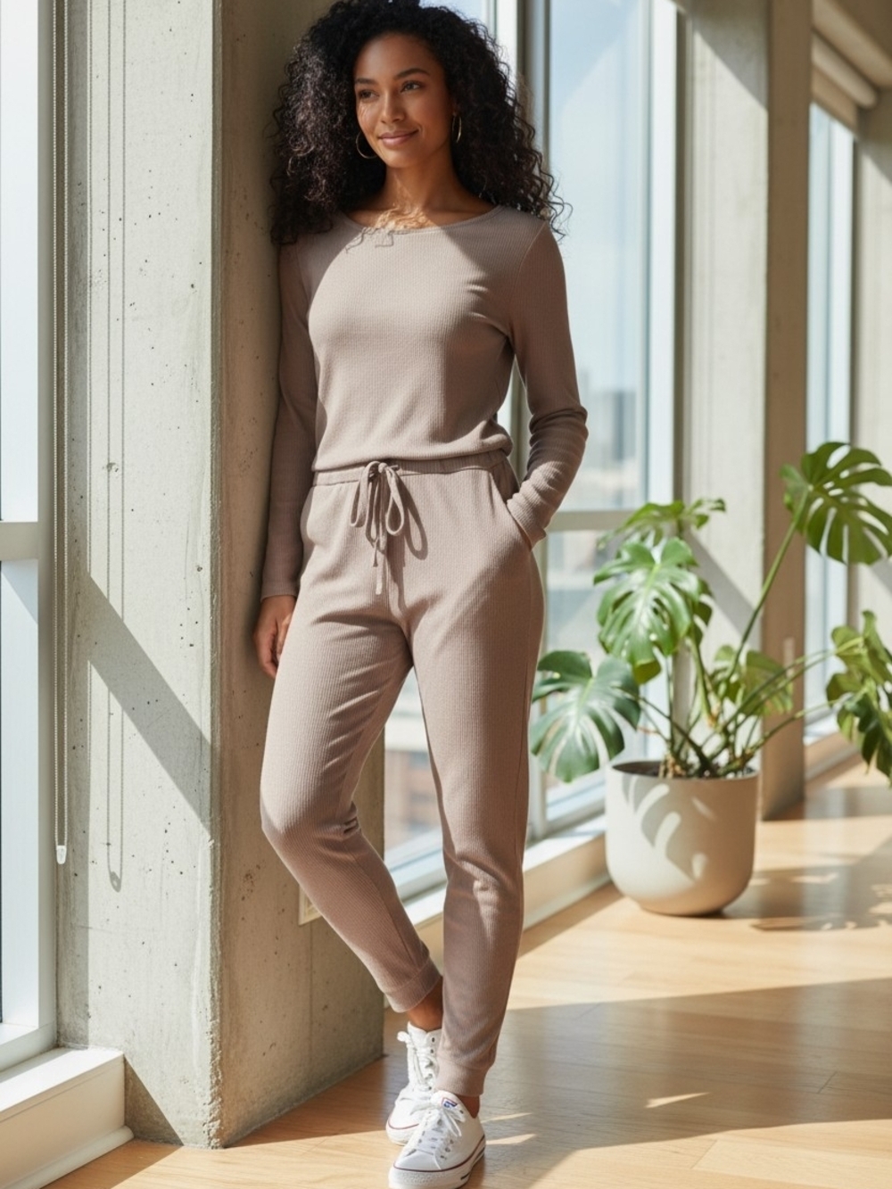 Boohoo Neutral Taupe Ribbed Long-Sleeve Jumpsuit